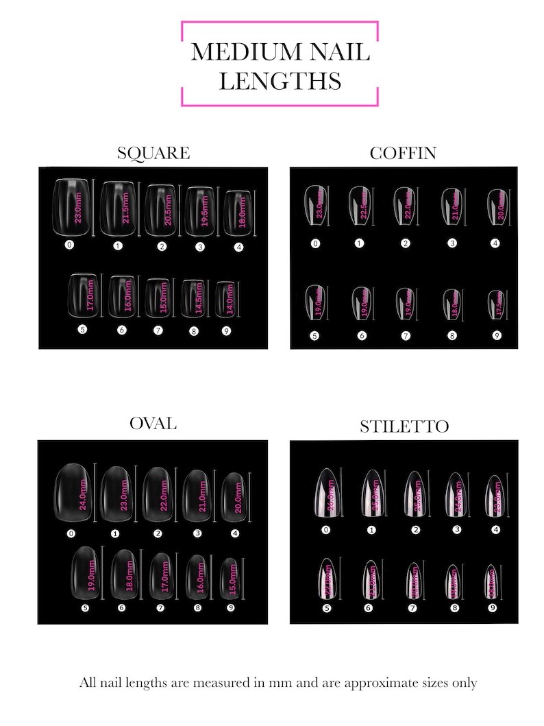 May include: Chart showing different nail shapes and sizes in millimeters. The shapes include square, coffin, oval, and stiletto. Each shape has nine sizes, ranging from 14.0mm to 24.0mm.