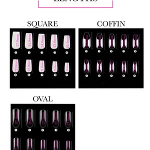 Puede incluir: Un gr&aacute;fico que muestra diferentes formas y longitudes de u&ntilde;as en mil&iacute;metros. Las formas incluyen cuadrada, ata&uacute;d y ovalada. Cada forma tiene nueve longitudes diferentes, que van de 19,0 mm a 27,0 mm.