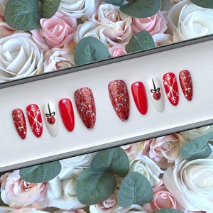 Press on Nails Red Christmas Glitter Baubles and Snowflakes | Stick on Nails | Glue on Nails | False Nails | Fake Nails | Press ons | Xmas