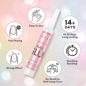 May include: A pink and white tube of nail glue with the words "NAIL GLUE" and "AKART" on it. The tube is surrounded by icons that depict the benefits of the glue, such as "Easy to Use", "Fast Drying", "Strong Effect", "Quicking Bonding", "No Need for Nail Lamp Cure", and "14+ Days Long Lasting".