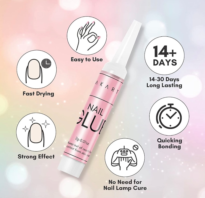 May include: A pink and white tube of nail glue with the words "NAIL GLUE" and "AKART" on it. The tube is surrounded by icons that depict the benefits of the glue, such as "Easy to Use", "Fast Drying", "Strong Effect", "Quicking Bonding", "No Need for Nail Lamp Cure", and "14+ Days Long Lasting".