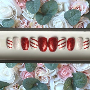 Press on Nails Christmas Red And White Glitter Candy Cane | Custom Made | Glue on Fake Nails | False Nails | Handmade | Hand Painted Nails