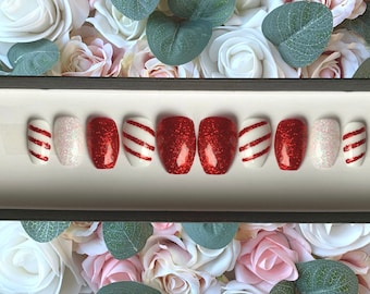 Press on Nails Christmas Red And White Glitter Candy Cane | Custom Made | Glue on Fake Nails | False Nails | Handmade | Hand Painted Nails