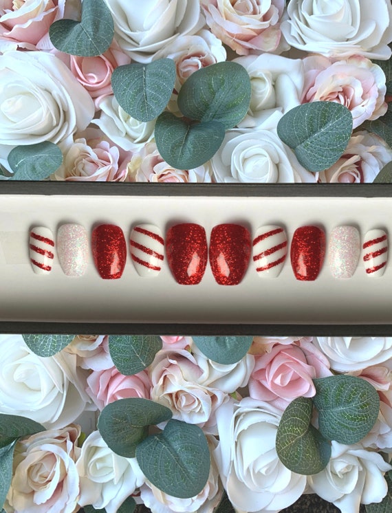 Press on Nails Christmas Red And White Glitter Candy Cane | Custom Made | Glue on Fake Nails | False Nails | Handmade | Hand Painted Nails