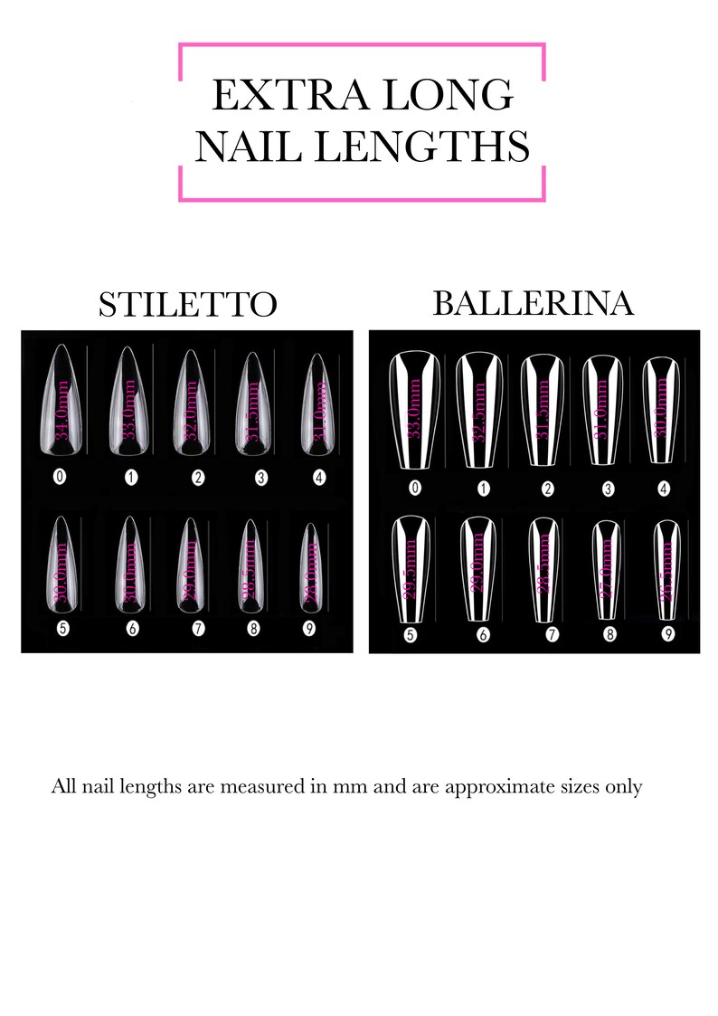 Puede incluir: Un gr&aacute;fico que muestra las diferentes longitudes de u&ntilde;as postizas stiletto y bailarina. Las longitudes se miden en mil&iacute;metros y van de 30,0 mm a 50,0 mm.