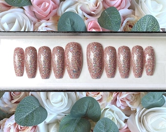 Press on Nails Rose Gold Holographic Glitter | Stick on Nails | Glue on Nails | False Nails | Fake Nails | Press ons | Custom Glitter Nails