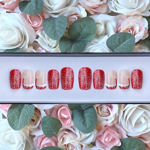 Press on Nails Red Glitter Santa Hats | Stick on Nails | Glue on Nails | Christmas Nails | Fake Nails | Custom Made Press ons | False Nails