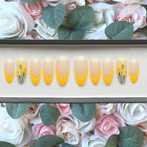 Press on Nails Mango Yellow French Manicure with Spring Daffodils | Stick on Nails | Glue on Nails | False Nails | Fake Nails | Press ons |