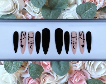 Press on Nails Halloween Black Witch Coven Matte Nails | Stick on Nails | Glue on Nails | Moon and Star Nails | Black Matte | Fake Nails