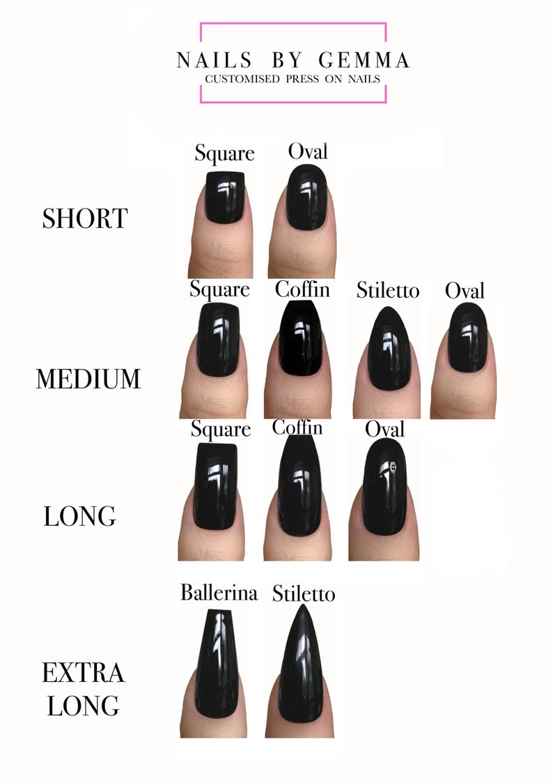 Puede incluir: Un gr&aacute;fico que muestra diferentes formas y longitudes de u&ntilde;as. El gr&aacute;fico incluye u&ntilde;as cortas, medianas, largas y extra largas. Las formas de las u&ntilde;as incluyen cuadrada, ovalada, ata&uacute;d, stiletto y bailarina.