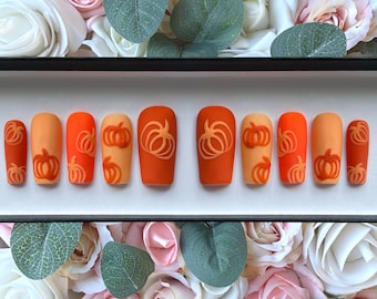 Press on Nails Autumn Pumpkins | Stick on Nails | Glue on Nails | Full Cover Nails | Fake Nails | Orange Nails | False Nails | Nails