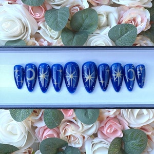 Press on Nails Starry Nights Stars and Moons | Stick on Nails | Glue on Nails | Royal Blue Nails | Fake Nails | False Nails | Press ons