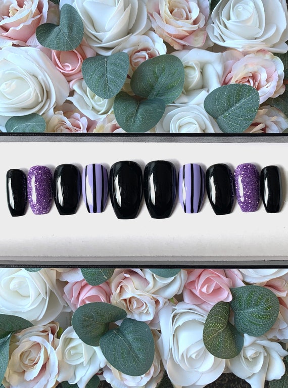 Press on Nails Black And Purple Gothic  Nails | Glue on Fake Nails | False Nails | Halloween Nails | Stick on Nails | Nails