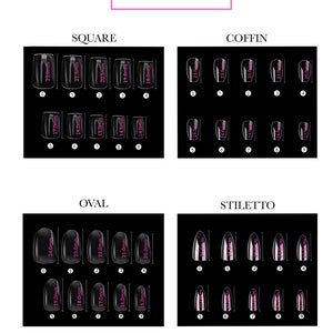 Puede incluir: Gr&aacute;fico que muestra diferentes formas y tama&ntilde;os de u&ntilde;as en mil&iacute;metros. Las formas incluyen cuadrada, ata&uacute;d, ovalada y stiletto. Cada forma tiene nueve tama&ntilde;os, que van de 14,0 mm a 24,0 mm.