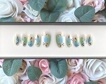 Press on Nails Abstract Blue White and Gold Leaf | Stick on Nails | Glue on Nails | Abstract Nails | Spring Nails | Reusable Nails | Nails