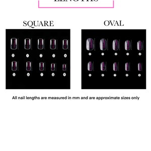 May include: A chart showing different nail lengths in millimeters for square and oval shaped nails. The chart shows 10 different lengths, ranging from 15.0mm to 20.0mm.