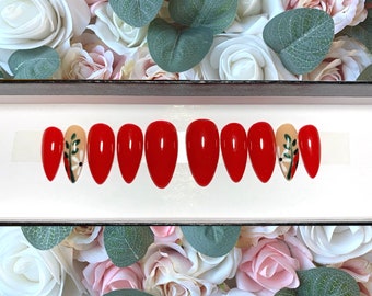 Press on Nails Classic Red and Flower Design | Custom Made | Glue on Fake Nails | False Nails | Handmade | Hand Painted Nails | Nails