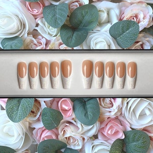 Drücken Sie auf die Nägel Weiß Strukturierte Glitter French Manicure | Hochzeitsnägel | Nagel aufkleben | Kleber auf den Nägeln | Falsche Nägel | Glitzer Press ons |