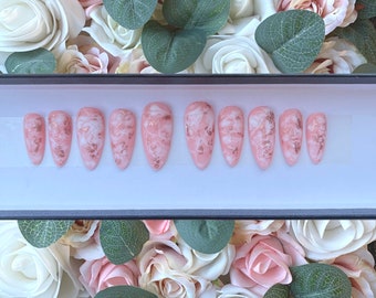 Press on Nails Matte Pink Marble Rose Gold Foil | Rose Quartz Nails | Custom Made | Glue on Fake Nails | False Nails | Hand Painted Nails
