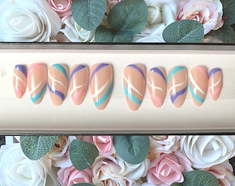 Press on Nails Pastel Abstract Swirls | Fake Nails | Reusable Nails | Minimalist Nails | Cute Girly Nails | Summer Nails | Neutral Nails