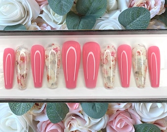 Press on Nails Spring Pink Blossoms | Custom Made | Glue on Fake Nails | False Nails | Handmade | Hand Painted Nails