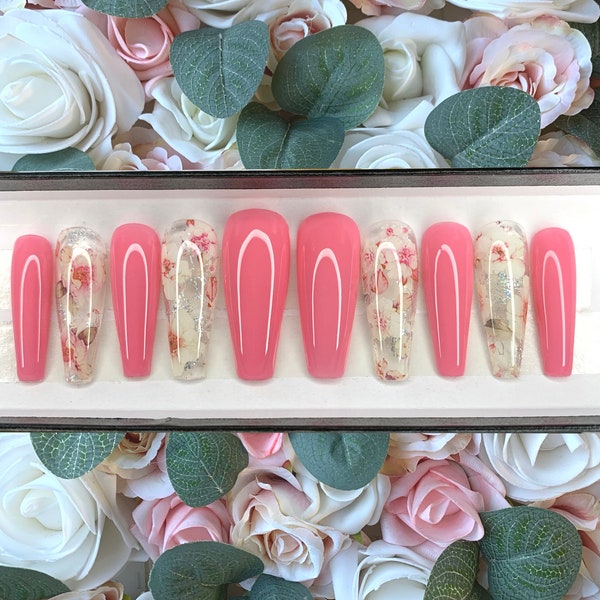 Press on Nails Spring Pink Blossoms | Custom Made | Glue on Fake Nails | False Nails | Handmade | Hand Painted Nails
