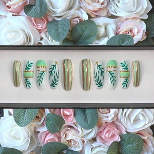 Press on Nails Tropical Paradise Leaf Nails | Spring Nails | Summer Nails | Stick on Nails | Glue on Nails | White Nails | Nails