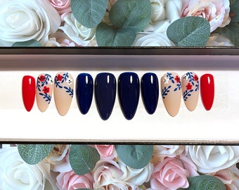 Press on Nails Red White Blue Flowers | Custom Made | Glue on Fake Nails | False Nails | Handmade | Hand Painted Nails