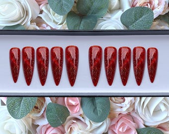 Press on Nails Red Glitter Cat Eye Gel | Stick on Nails | Glue on Nails | False Nails | Fake Nails | Press ons | Shimmer Nails | Red Nails