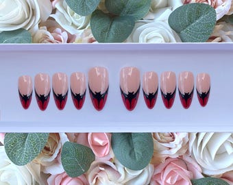 Press on Nails Wine Red Bat French Manicure | Stick on Nails | Glue on Nails | False Nails | Fake Nails | Press ons | Halloween Gothic Nails