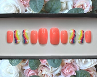 Press on Nails Bubblegum Glitter Rainbow Nails | Glue on Nails | Stick on Nails | Summer Nails | Hand Painted Nails | Cute Nails | Nails
