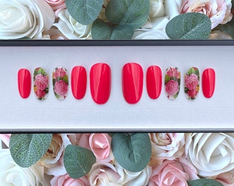 Press on Nails Rozeroze met roze en rode pioenrozen | Lijm op nagels | Op nagels plakken | Zomernagels | Romantisch nageldesign | Nagels