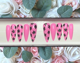 Press on Nails Bubblegum Pink and Black Glitter Stars | Stick on Nails | Glue on Nails | False Nails | Fake Nails | Press ons | Punk Nails
