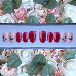 Press on Nails Christmas Red Glitter with Holly Berries | Stick on Nails | Glue on Nails | False Nails | Fake Nails | Press ons | Red Nails