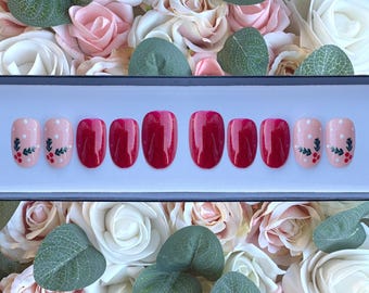 Uñas postizas navideñas con purpurina roja y bayas de acebo / Uñas adhesivas / Uñas con pegamento / Uñas postizas / Uñas postizas / Uñas rojas