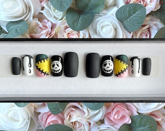 Press on Nails Skeleton Patchwork Design | Custom Made | Glue on Fake Nails | False Nails | Handmade | Hand Painted Nails