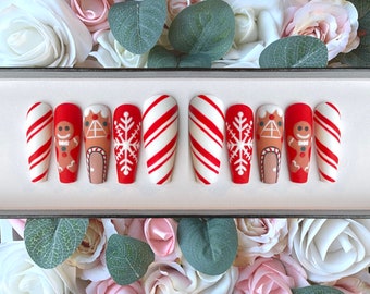 Uñas postizas Casa de jengibre / Uñas de bastón de caramelo / Uñas de copo de nieve / Uñas navideñas rojas / Uñas adhesivas / Uñas artificiales / Uñas
