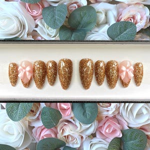 Press on Nails Rose Gold Glitter with Pink 3D bows | Stick on Nails | Glue on Nails | False Nails | Fake Nails | Press ons | Shimmer Nails