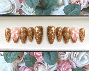 Press on Nails Rose Gold Glitter with Pink 3D bows | Stick on Nails | Glue on Nails | False Nails | Fake Nails | Press ons | Shimmer Nails