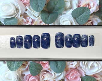 Uñas postizas de mármol azul oscuro y purpurina / Uñas adhesivas / Uñas con pegamento / Uñas de mármol / Uñas reutilizables / Uñas de cobertura completa / Uñas
