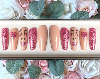 Unhas Postiças Natalinas com Rena Rudolph | Unhas Rosa com Glitter | Unhas Autoadesivas | Unhas Falsas | Unhas de Natal | Unhas