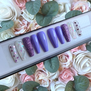 Press on Nails Lila Schmetterlinge und Glitzer Nägel | Nagel aufkleben | Volle Abdeckung Nägel | Künstliche Nägel | Falsche Nägel | Kleber auf den Nägeln | Nägel