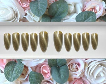 Uñas postizas de gel con efecto ojo de gato en oro puro / Uñas adhesivas / Uñas con pegamento / Uñas postizas / Uñas postizas / Uñas postizas / Uñas brillantes / Uñas de terciopelo