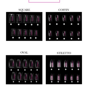 May include: Chart showing different nail shapes and sizes in millimeters. The shapes include square, coffin, oval, and stiletto. Each shape has nine sizes, ranging from 14.0mm to 24.0mm.
