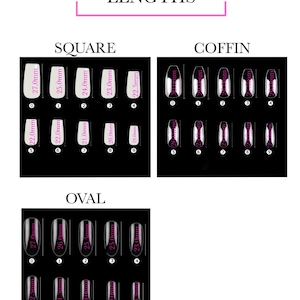 May include: A chart showing different nail shapes and lengths in millimeters. The shapes include square, coffin, and oval. Each shape has 10 different lengths, ranging from 19.0 mm to 27.0 mm.