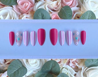 Press on Nails dieproze roze madeliefjes, roze en witte strepen | Op nagels plakken | Lijm op nagels | Kunstnagels | Nepnagels | Druk op ons