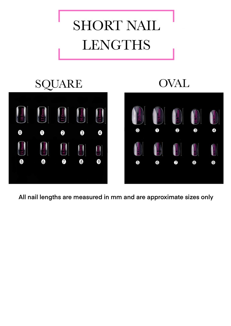 May include: Chart showing different lengths of square and oval shaped fake nails. The lengths are measured in millimeters and range from 15.0mm to 20.0mm.
