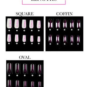 May include: A chart showing different nail shapes and lengths in millimeters. The shapes include square, coffin, and oval. Each shape has nine different lengths, ranging from 19.0 mm to 27.0 mm.