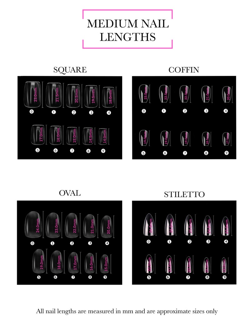May include: Chart showing different nail shapes and sizes in millimeters. The shapes include square, coffin, oval, and stiletto. Each shape has nine sizes, ranging from 14.0mm to 24.0mm.