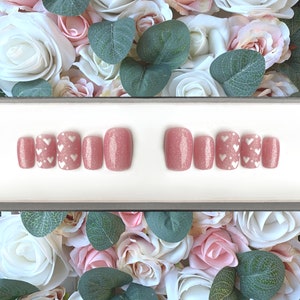 Press On Nails Pink Orchid Glitter Valentine Hearts | Pink Nails | Heart Nails | Stick On Nails | Glue On Nails | False Nails | Fake Nails